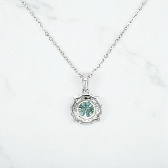 Round Blue Moissanite Halo Pendant in 925 Sterling Silver - Picture 3 of 3